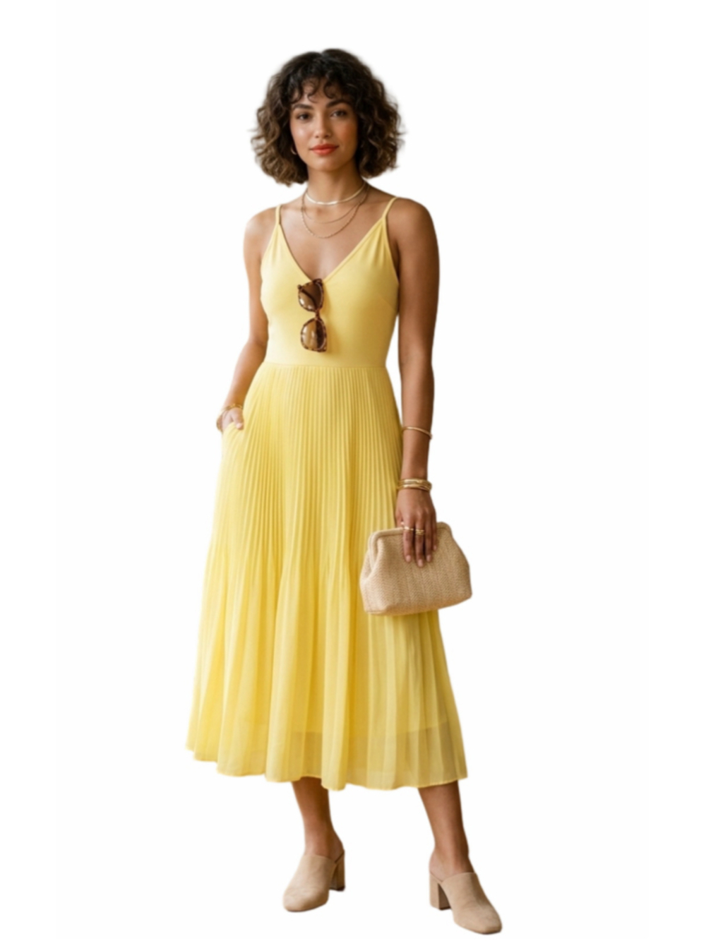 Wilfred Aritzia Beaune Pleated Slip Midi Dress Soft Yellow Sunburst V-Neck 2103